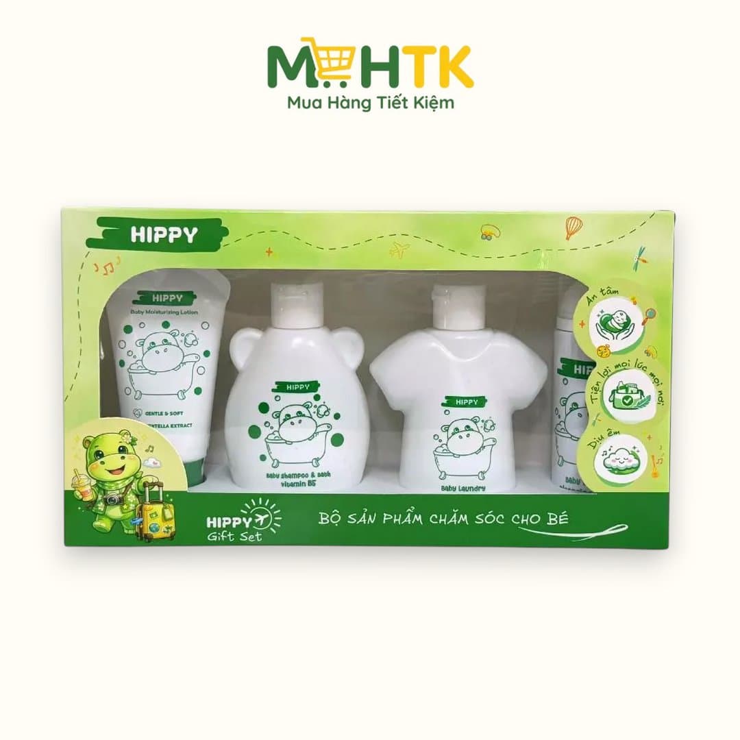 Bộ sản phẩm trải nghiệm HIPPY chăm sóc bé iu - Kem dưỡng ẩm 40g, tắm gội 90ml, nước giặt xả 90ml, nước rửa bình sữa 50ml