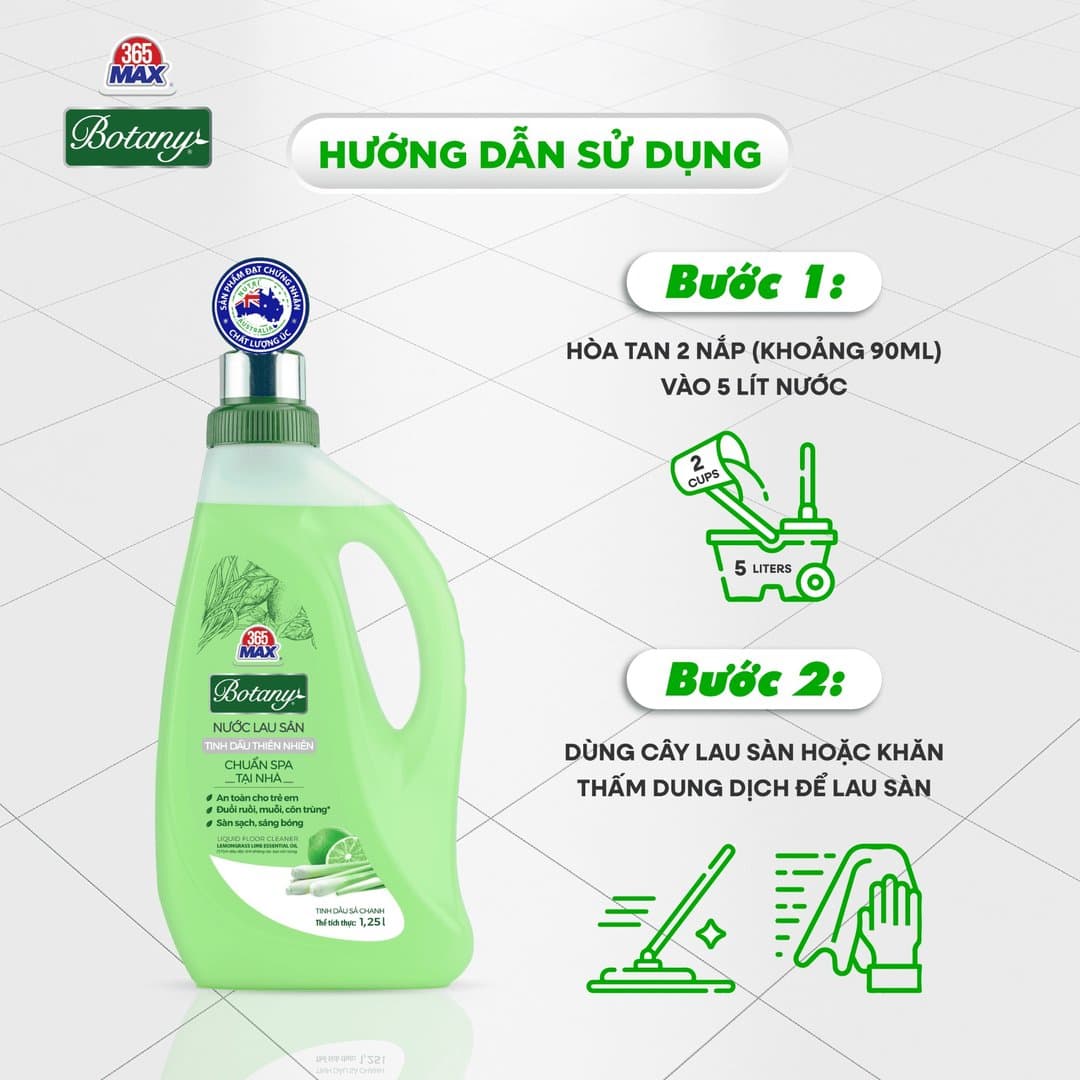 Chai Nước Lau Sàn 365 Max Botany Tinh Dầu Sả Chanh 1.25L làm sạch bóng sàn nhà, an toàn cho da bé — 2